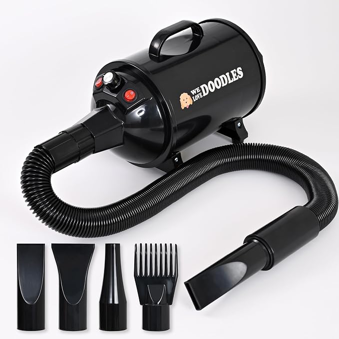 Dog Hair Dryer, High Velocity Blow Dryer & Pet Blower for Grooming, Black Adjustable Speed & Temperature Settings, Powerful Force Dryer Motor, Dries Fast & Fluffs Out Undercoat, Doodles & Poodles