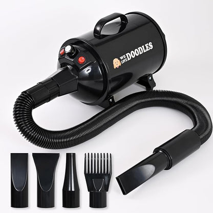 Dog Hair Dryer, High Velocity Blow Dryer & Pet Blower for Grooming, Black Adjustable Speed & Temperature Settings, Powerful Force Dryer Motor, Dries Fast & Fluffs Out Undercoat, Doodles & Poodles