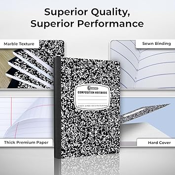 College Ruled Composition Notebooks 5 Pack, 200 Pages (100 Sheets), 9-34" x 7-12", White  Black Marble Composition Book, Hard Cover, Sturdy Sewn Binding, School, College  Office Supplies
