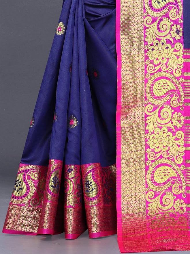 Ethnic Motifs Zari Jute Silk Banarasi Saree - 214351, Navy Blue, One Size, Navy Blue, One Size