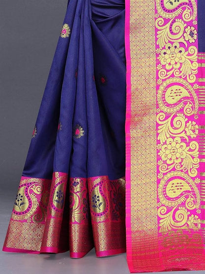 Ethnic Motifs Zari Jute Silk Banarasi Saree - 214351, Navy Blue, One Size, Navy Blue, One Size