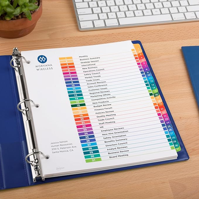 Avery 1-31 Tab Dividers for 3 Ring Binders, Customizable Table of Contents, Multicolor Tabs, 1 Set (11129)