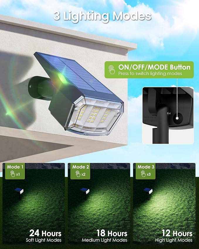 Solar Spot Lights Outdoor Waterproof Landscape Spotlights 63 LEDs 3 Lighting Modes IP65 Solar Spot Lights for Outside, Backyard, Garge, Garden, House-1 Pack Cool White
