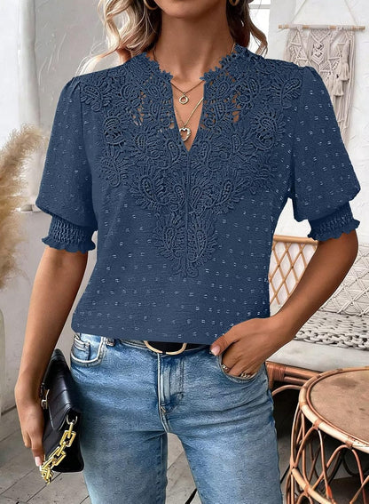 Falechay Womens Tops Swiss Dot Boho Short Sleeve Shirts V Neck Casual Chiffon Blouses Flowy Lace Cute Clothing Trendy 2026