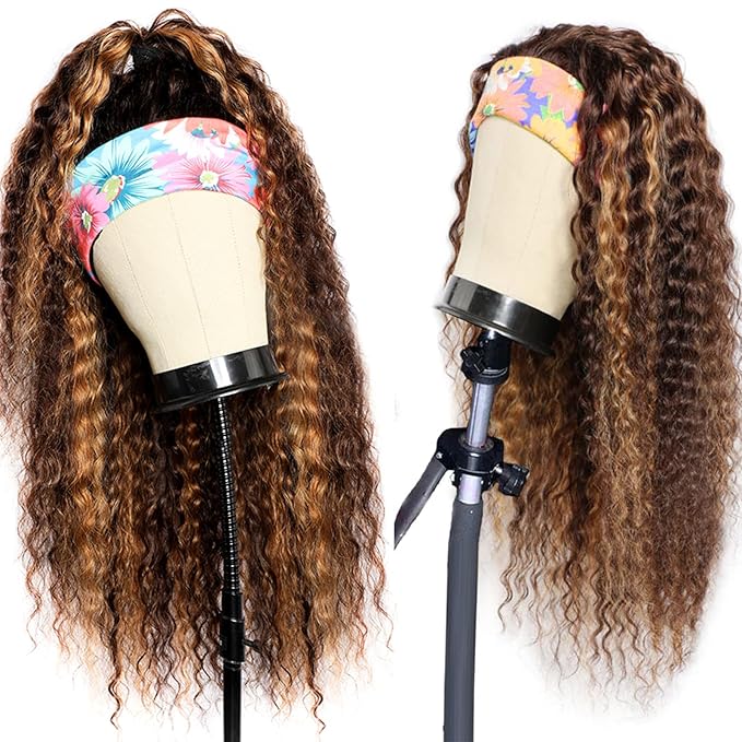 Headband Wig Human Hair Deep Wave 427 Human Hair Headband wigs for women Glueless None Lace Front Wig Machine Made 150 Density headband wig human hair with Headbands (12Inch)