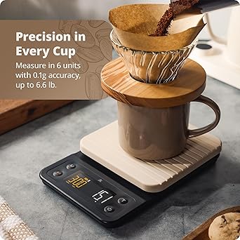 Greater Goods 0.1g Precision Coffee Scale with Timer  3kg Digital Scale for Pour-Over, Espresso, French Press, Kitchen Use (Birch)
