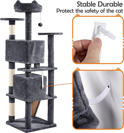 Yaheetech Cat tree tower, large plush multi-level condominium furniture with sisal scratching posts and 2 hanging balls gray color