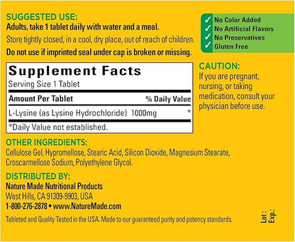 Nature Made L-Lysine 1000 mg, Dietary Supplement, 60 Tablets, 60 Day Supply