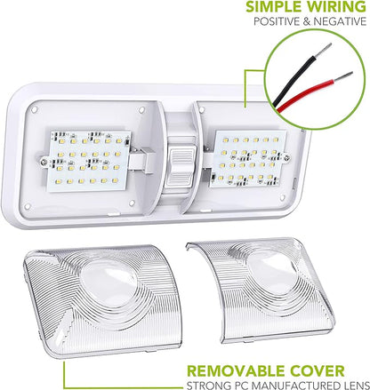 Leisure LED RV LED Ceiling Double Dome Light Fixture with ONOFF Switch Interior Lighting for CarRVTrailerCamperBoat DC 12V Natural White 4000-4500K 48X2835SMD Natural White 4000-4500K, (1 Pack)