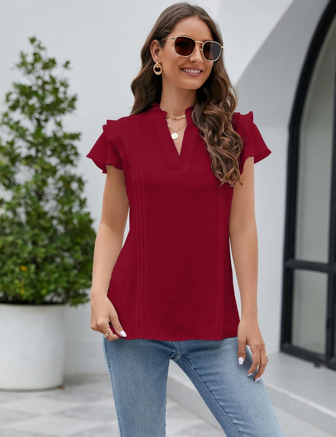 Blooming Jelly Womens Dressy Casual Tops Ruffle Short Sleeve V Neck Shirts Elegant Business Work Blouse.