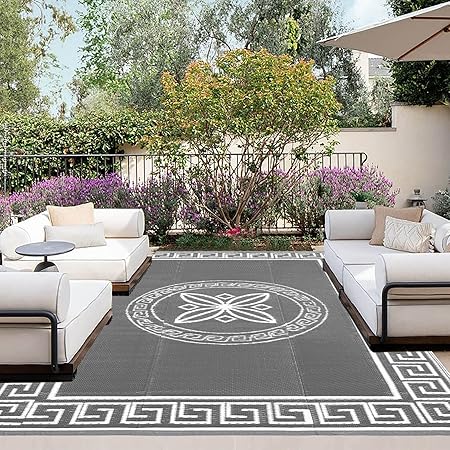 OutdoorLines Outdoor Reversible Rugs for Patio 4x6 ft - Plastic Area Rug, Stain  UV Resistant Portable RV Carpet, Plastic Straw Mats for Porch, Pool Deck and Camping QuatrefoilGray  White