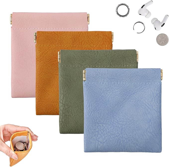 4 Pack Squeeze Coin purse, 3.5x3.1 inch PU Leather Mini Change Pouch for Coins, Jewelry, Earphones. Unisex Travel Coin purse for Men and Women