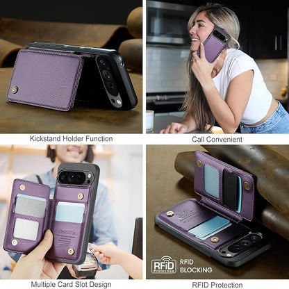 Compatible with Google Pixel 9 Pro XL 5G 6.8" Wallet Case with Card Holder RFID Blocking for Women Men, Double Magnetic Clasp Kickstand Shockproof Phone Case for Pixel 9 Pro XL, Purple