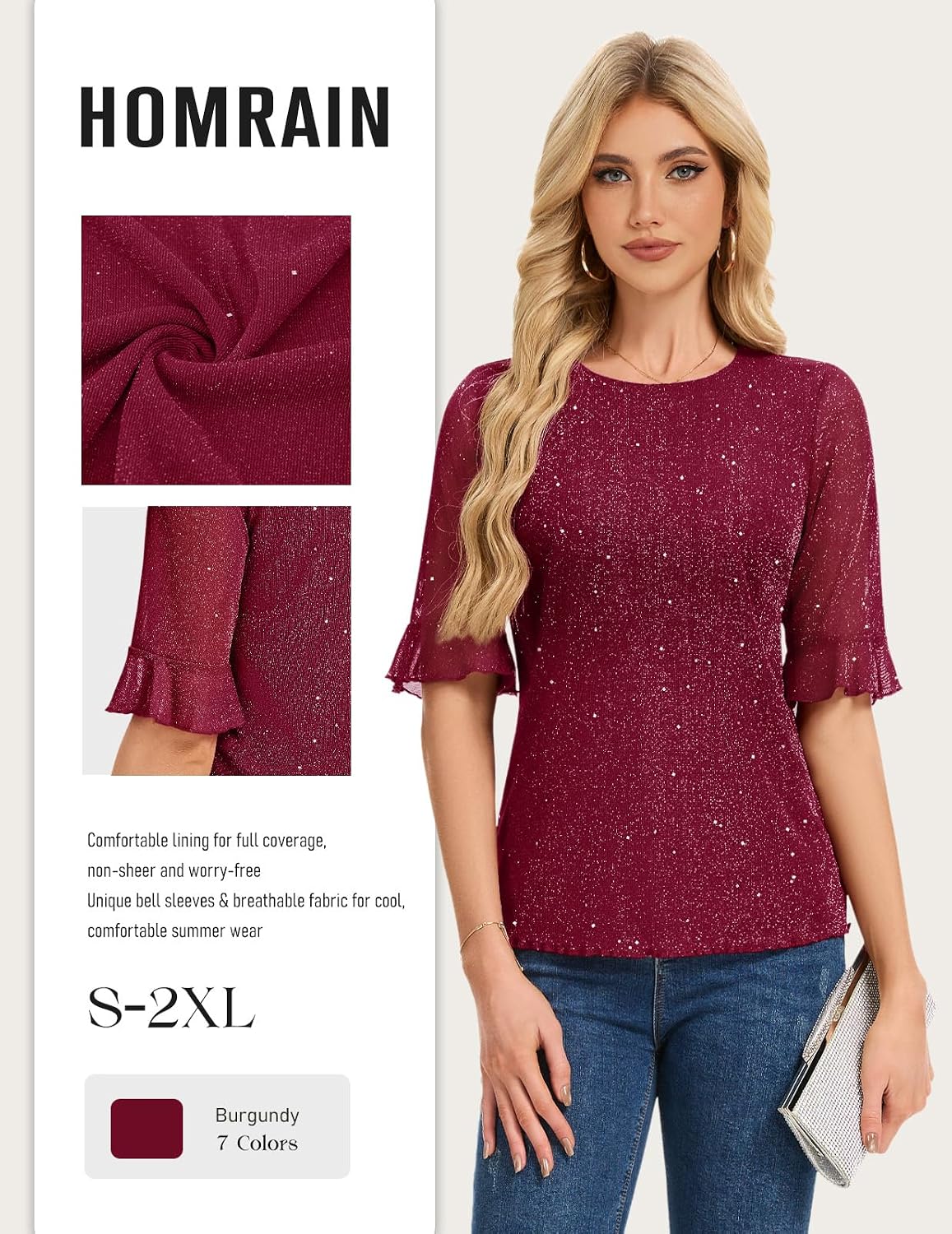 HomRain Glitter Tops for Women Sequin Blouses Sparkly Bell Sleeve Shirt Dressy Casual Party Guest Wedding Summer Top.
