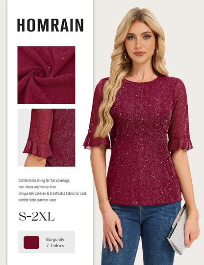 HomRain Glitter Tops for Women Sequin Blouses Sparkly Bell Sleeve Shirt Dressy Casual Party Guest Wedding Summer Top.
