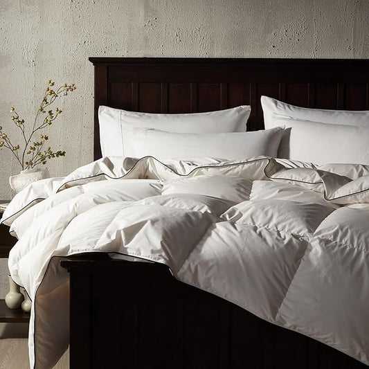 Alanzimo Luxurious Goose Feather Down Fiber Comforter Oversized King, 100 Organic Cotton Cover Wihte Duvet Insert, Hotel Grade All Season Bedding Comforters 116x98 with 8 Tabs