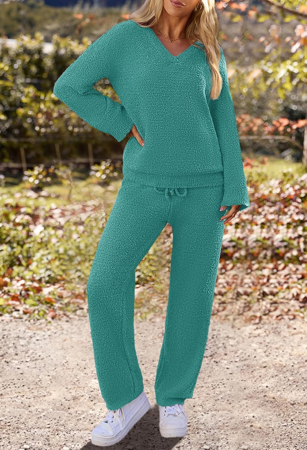 MEROKEETY Women's Lounge Sets 2025 Fall Fashion 2 Piece Outfits Sweater Pajama Set Fuzzy Loungewear Matching Winter Clothes