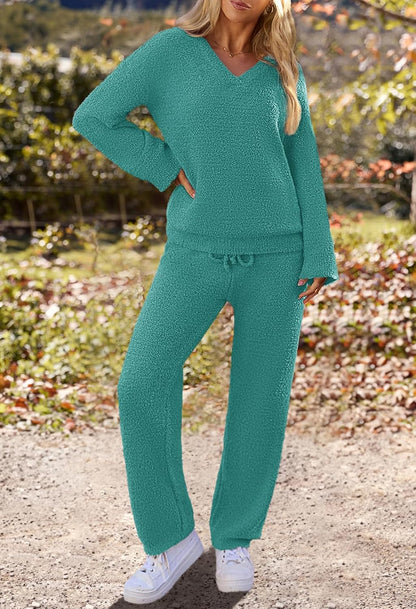 MEROKEETY Women's Lounge Sets 2025 Fall Fashion 2 Piece Outfits Sweater Pajama Set Fuzzy Loungewear Matching Winter Clothes