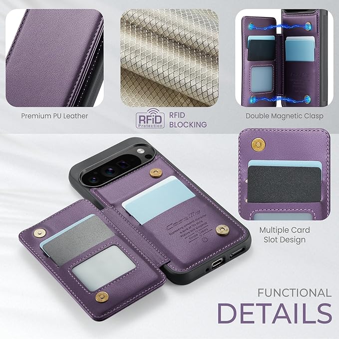 Compatible with Google Pixel 9 Pro XL 5G 6.8" Wallet Case with Card Holder RFID Blocking for Women Men, Double Magnetic Clasp Kickstand Shockproof Phone Case for Pixel 9 Pro XL, Purple