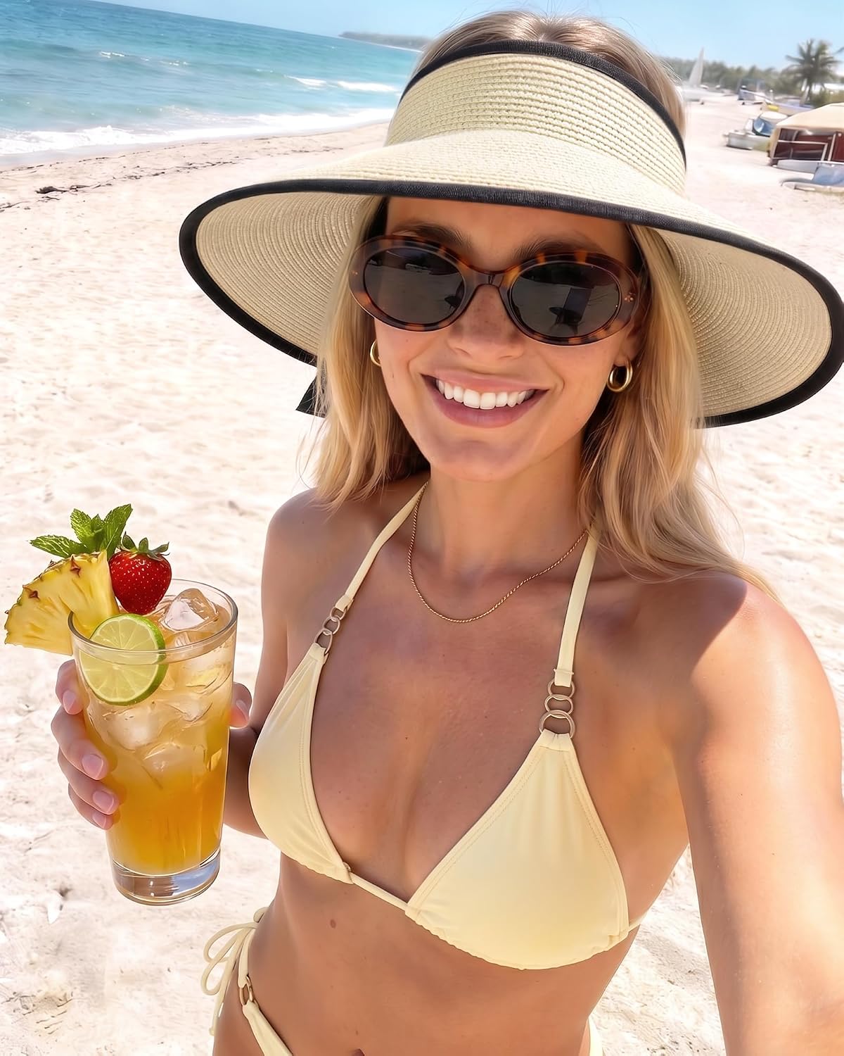 Camptrace Sun Visors for Women Wide Brim Beach Hat Foldable Straw Visor Hat Ponytail Summer Packable UPF 50+