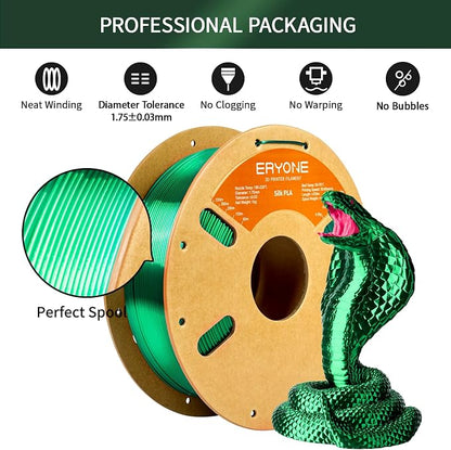 ERYONE Silk PLA Filament for 3D Printer, 1.75mm +/- 0.03mm, 1kg (2.1LBS)/Spool, Silk Green