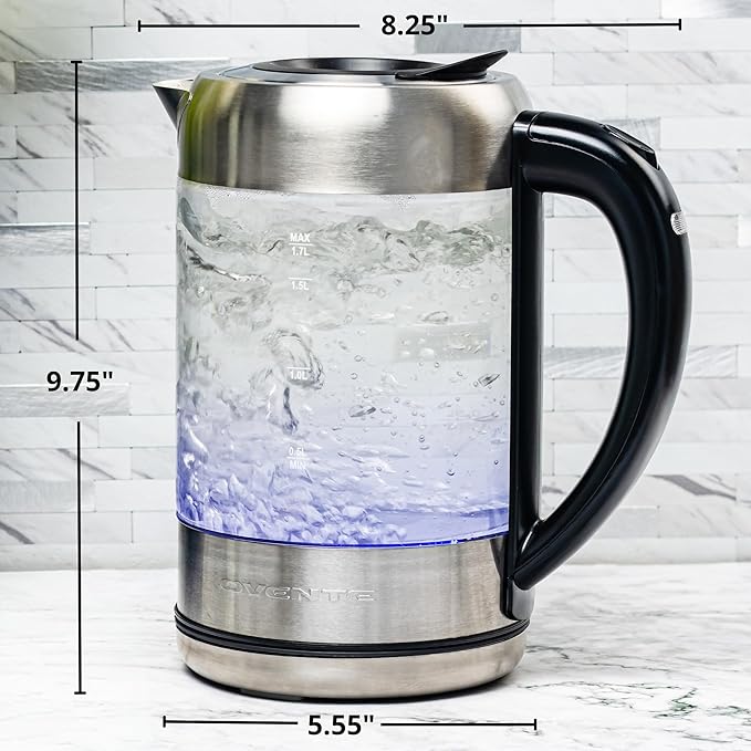 OVENTE Electric Kettle with 1.7L Borosilicate Glass, 1500W Instant Water Boiler and Heater for Coffee or Tea, BPA Free, Easy to Fill Lid, Auto Shut-Off and Boil Dry Protection, Silver KG6120S