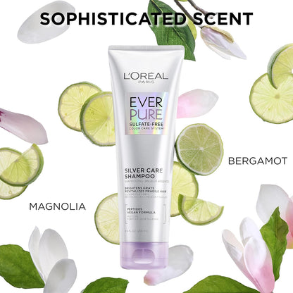 L'Oreal Paris EverPure Brightening and Nourishing Shampoo for Gray Hair, Sulfate-Free Vegan Formula with Peptides, 8.5 Fl Oz