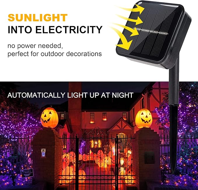 kemooie 2 Pack Total 200 LED Solar Halloween Lights, 8 Twinkle Modes Upgraded Solar Powered Fairy Lights, for Outdoor, Garden, Balcony Party Halloween Decorations (Purple and Orange)