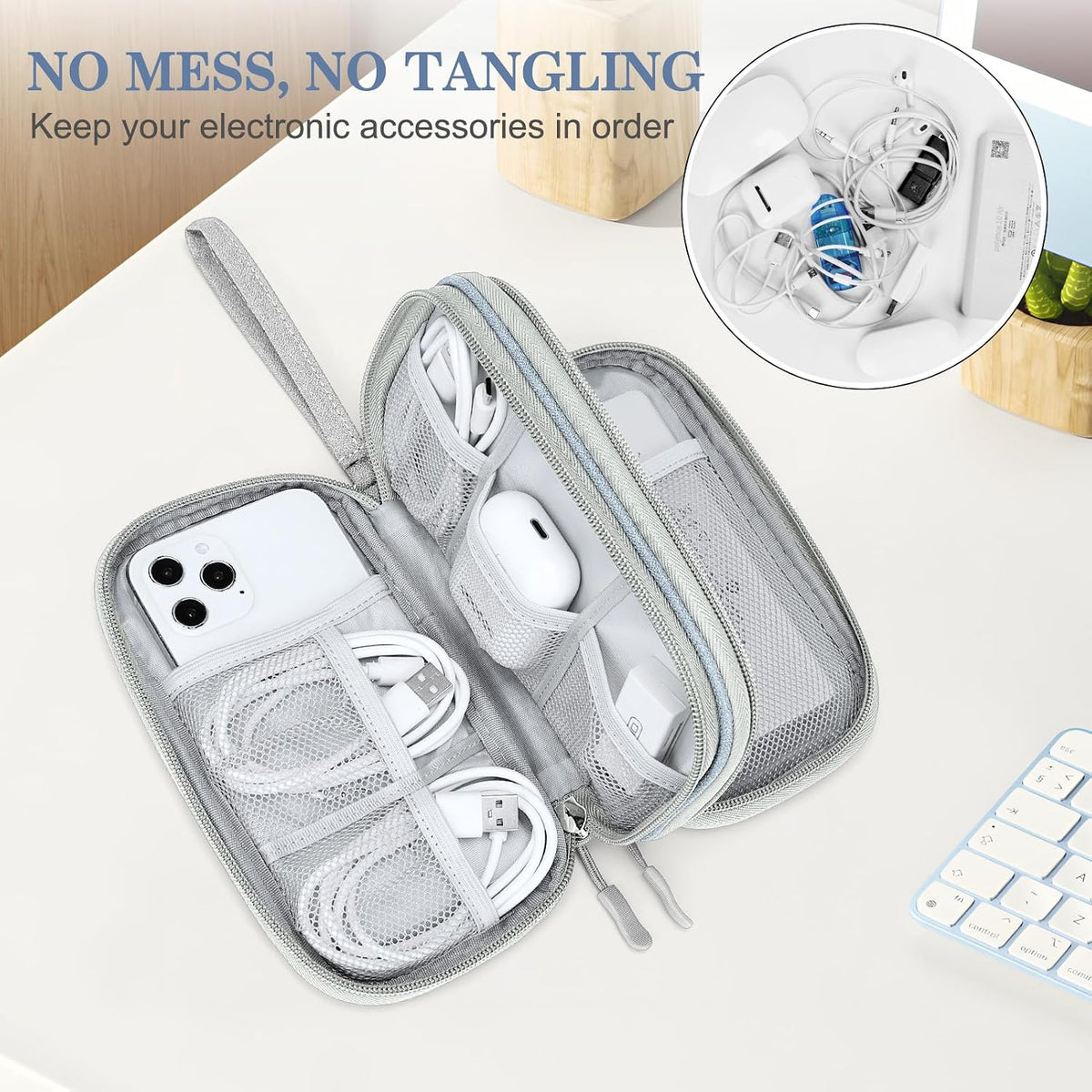 FYY Electronic Organizer, Travel Cable Organizer Bag Pouch Electronic Accessories Carry Case Portable Waterproof Double Layers All-in-One Storage Bag for Cable, Charger, Phone, Earphone Light Grey