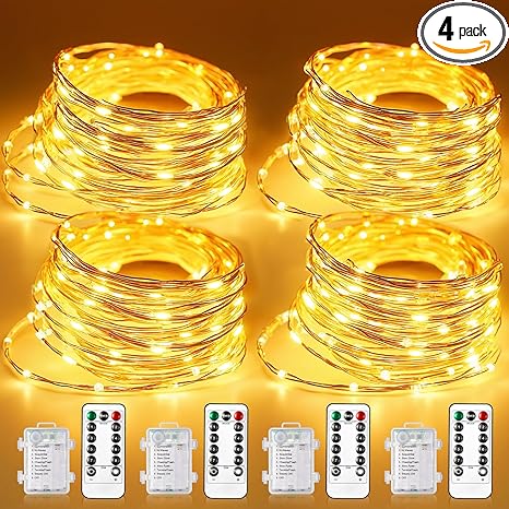 WdtPro Fairy Lights Battery Operated with Remote, 33Ft 100 LED Battery Powered String Lights with Timer, Outdoor Waterproof 8 Modes Twinkle Lights for Bedroom Indoor Christmas Decor Warm White, 4 Pack