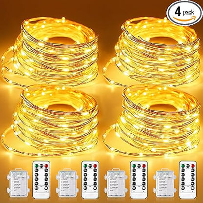 WdtPro Fairy Lights Battery Operated with Remote, 33Ft 100 LED Battery Powered String Lights with Timer, Outdoor Waterproof 8 Modes Twinkle Lights for Bedroom Indoor Christmas Decor Warm White, 4 Pack