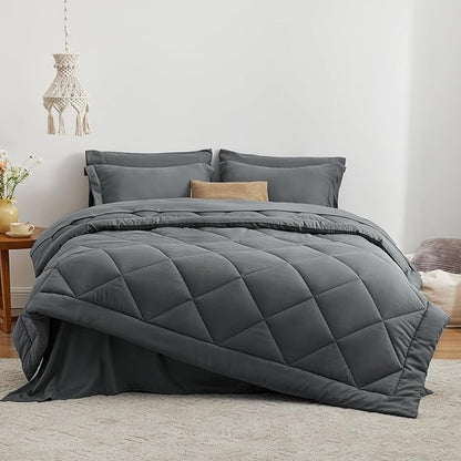 Love's cabin California King Comforter Set Dark Grey, 7 Pieces California King Bed in a Bag, All Season Bedding Sets with 1 Comforter, 1 Flat Sheet, 1 Fitted Sheet, 2 Pillowcase and 2 Pillow Sham