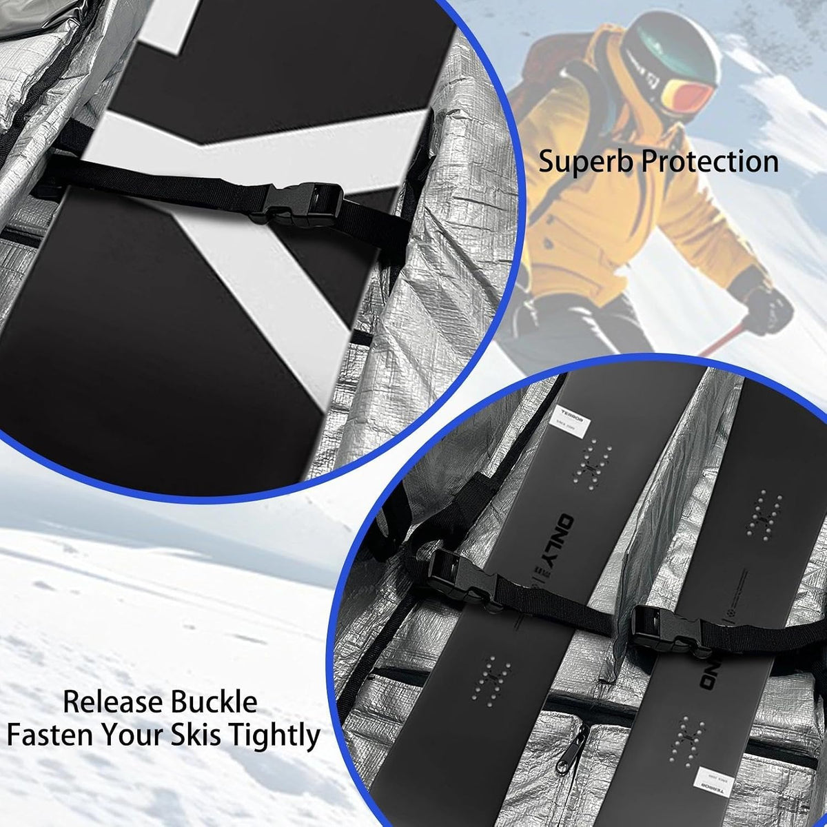 Ski Bags for Air Travel with Wheels Fit Single Snowboard or Double Skis 175 up to 190cm, All-Round Padded Protection, Waterproof, Adjustable Internal Straps