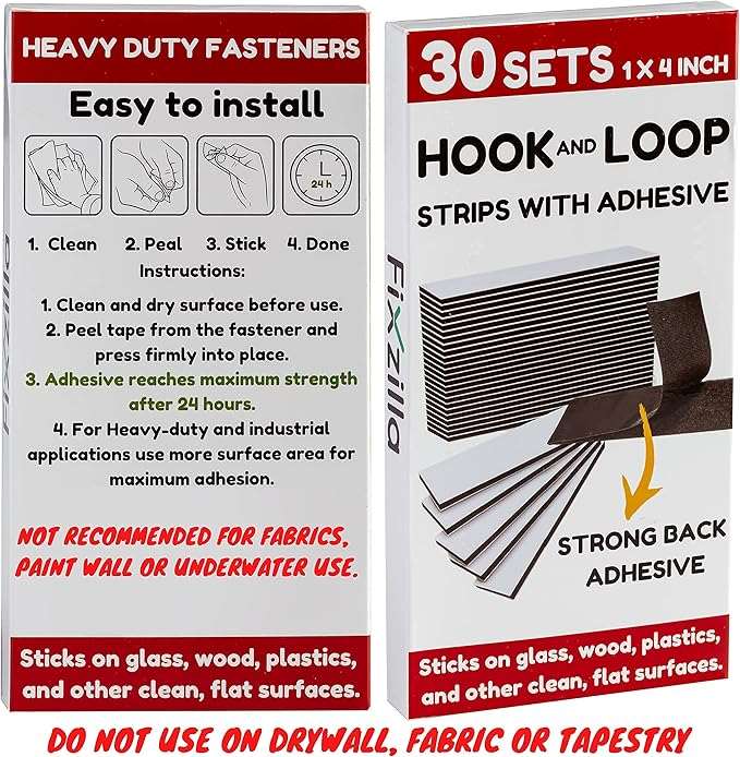 30 Sets Hook and Loop Strips with Adhesive - 1x4 Inch - Strong Back Adhesive Fasteners Tape, Black