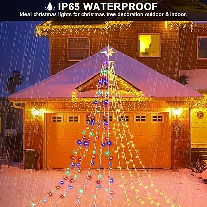 Christmas Decorations Star String Lights, 320 LEDs Outdoor Waterfall Tree Lights with 13" Topper Star, Plug in Waterproof Hanging Fairy Lights for Xmas New Year Holiday Party Yard Decor