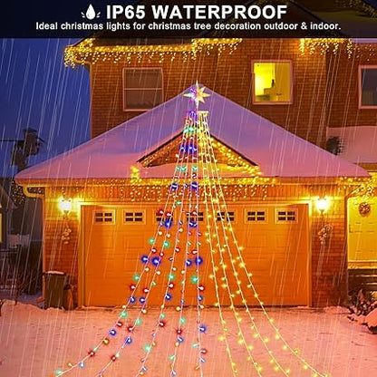 Christmas Decorations Star String Lights, 320 LEDs Outdoor Waterfall Tree Lights with 13" Topper Star, Plug in Waterproof Hanging Fairy Lights for Xmas New Year Holiday Party Yard Decor