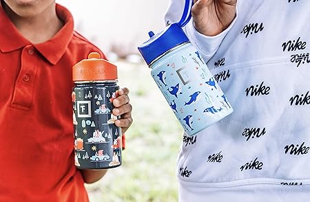 IRON FLASK Kids Water Bottle - Straw Lid, 20 Name Stickers, Vacuum Insulated Stainless Steel, Double Walled Tumbler Travel Cup, Thermos Mug - Dino Mates, 14 Oz