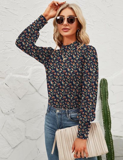 Qirno Womens Mock Neck Puff Long Sleeve Tops Casual Loose Solid Basic T Shirt Button Cuffs Pullovers Shirts Blouse No Buttons On The Sleeves But With Ruffles