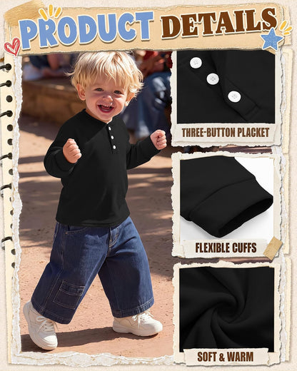 4 Pack Toddler Boys Girls Thermal Long Sleeve T-Shirts Henley Undershirt Top Basic Layer Long Sleeve Fleece T-Shirt