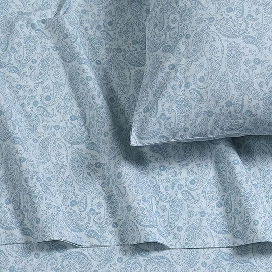 Tribeca Living Cotton Percale California King Size Bed Sheet Set, 300 Thread Count, Extra Deep Pockets, Printed Danielle Paisley Blue