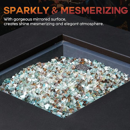 Skyflame 10-Pound Blended Fire Glass for Fire Pit Fireplace Landscaping - 14 Inch Reflective Tempered Fireglass Gold, Light Green, Copper