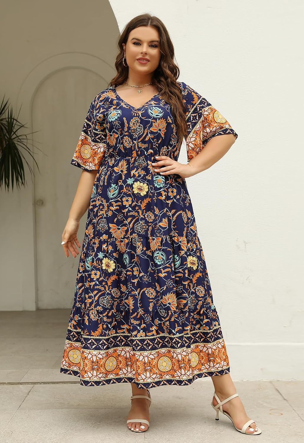 Keluummi Plus Size Maxi Dress for Women V-Neck Floral Empire Waist 3/4 Sleeve with Pockets .