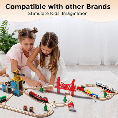 SainSmart Jr. Wooden Train Set for Toddler - Double-Side Wooden Tracks Fits Brio, Thomas, Melissa and Doug - Expandable, Changeable-Kids Wood Toy Train for 3,4,5 Year Old Boys and Girls
