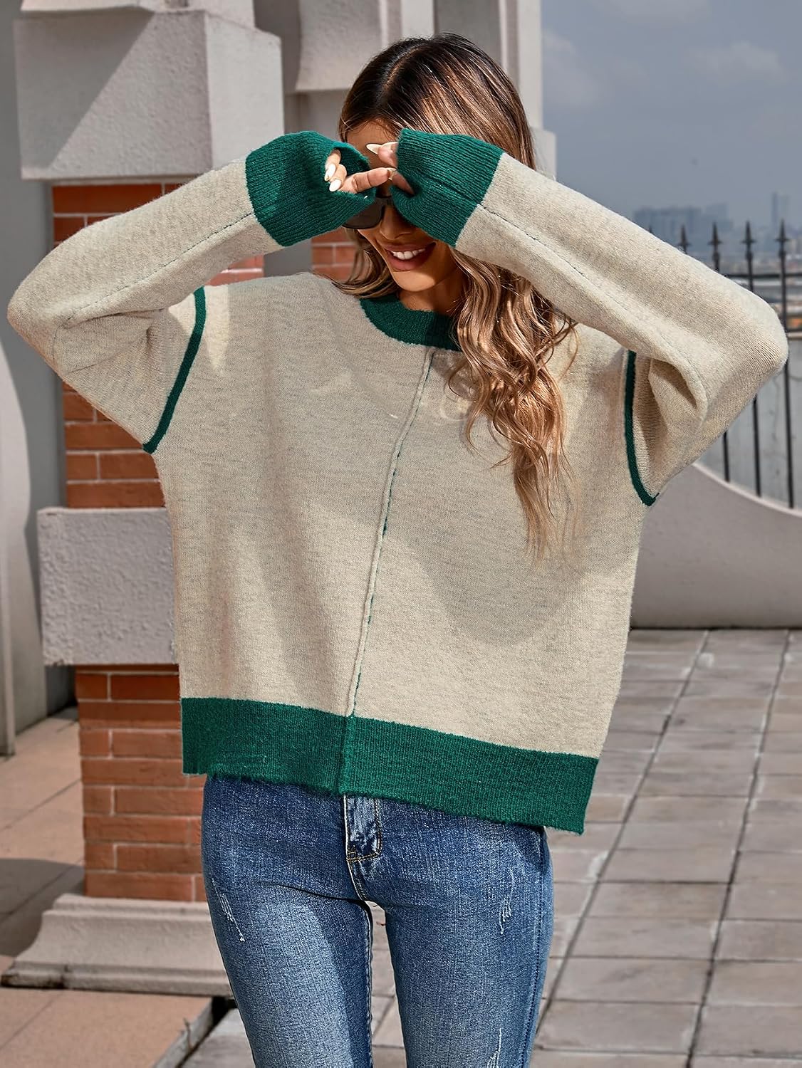 SunnyMelody Womens Oversized Cute Color Block Crew Neck Sweater 2025 Winter Long Sleeve Trendy Ribbed Knit Pullover Sweaters