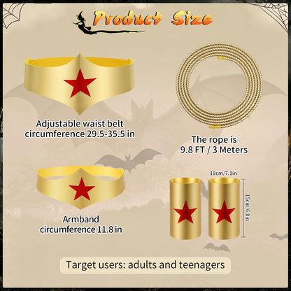 Halloween Woman of Wonder Costume Accessories Cosplay Set: Gold Tiara, Belt, wrist bands, 3 Meters Lasso