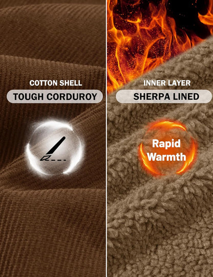 Men's Corduroy Jacket Winter Sherpa Lined Warm Thick Trucker Cargo Coat with 5 Pockets
