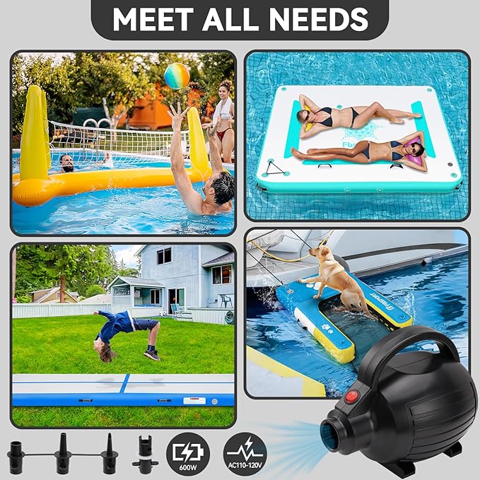 FBSPORT Air Pump for Inflatable Mat, Electric Air Pump 600W with 4 Nozzles, Portable and Fast Inflation AC110-120V, Suitable for Air Mat Float Dock Inflatable Beds
