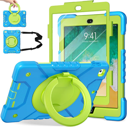 Case for iPad 6th/5th Generation 9.7 inch 2018/2017 Case, iPad Air 2/Pro 9.7 inch Heavy Duty Protective Cover with 360° Rotate Handle Stand, Pencil Holder, Shoulder Strap (Blue+Green)