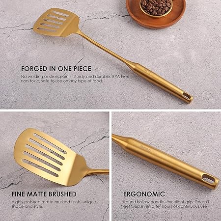 Gold Kitchen Utensils Set - 1810 Stainless Steel Cooking Tools, 15" All Metal Serving Utensils with Fork, SolidSlotted Spoon, Spatula, Ladle, Skimmer, Tunner, Pasta Spoon, Large Spoon, Set of 9