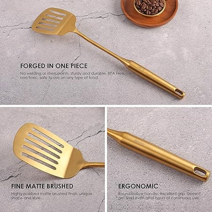 Gold Kitchen Utensils Set - 1810 Stainless Steel Cooking Tools, 15" All Metal Serving Utensils with Fork, SolidSlotted Spoon, Spatula, Ladle, Skimmer, Tunner, Pasta Spoon, Large Spoon, Set of 9